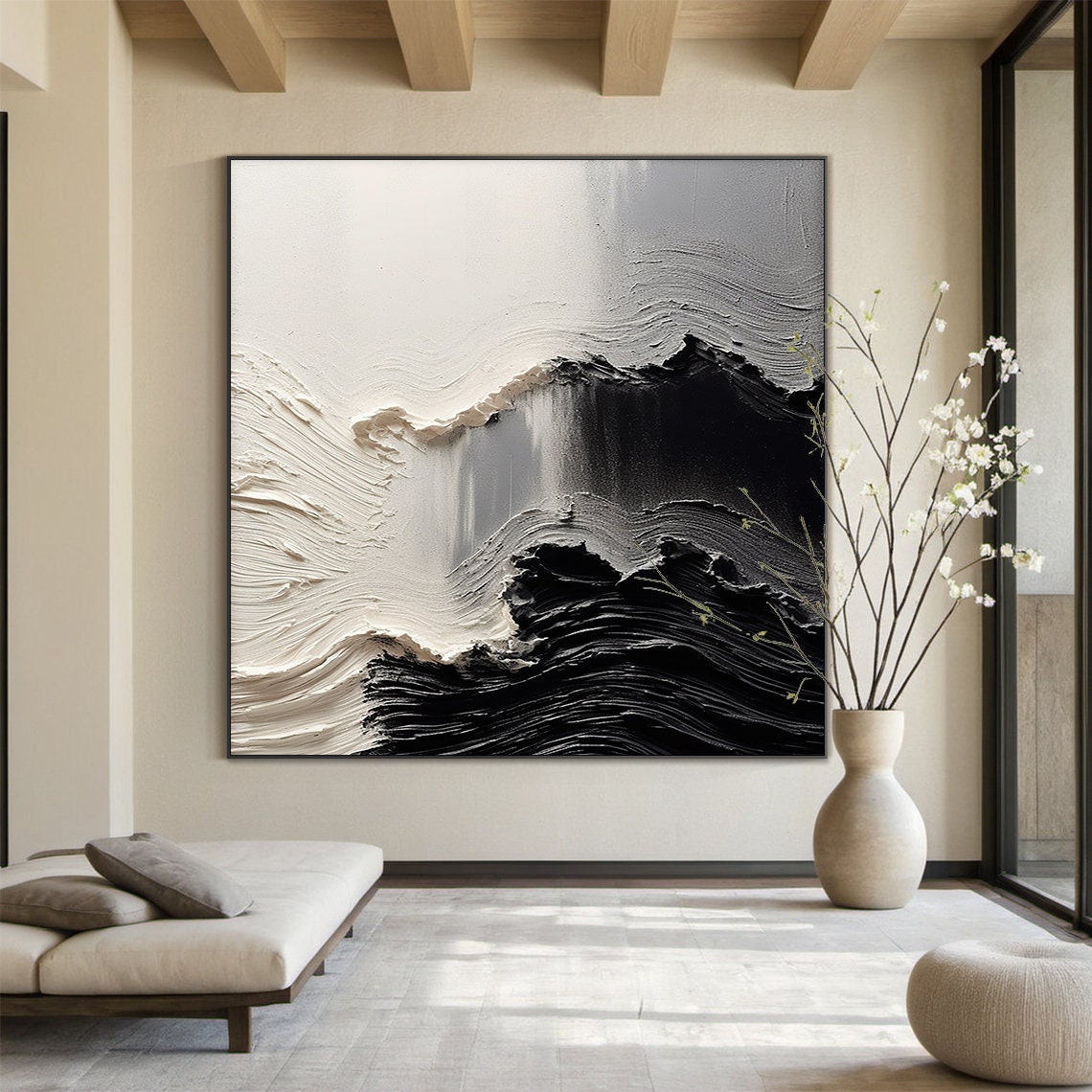 Black White Dramatic Impasto Wave 3D Textured Abstract Ocean Wall Art - Image 5
