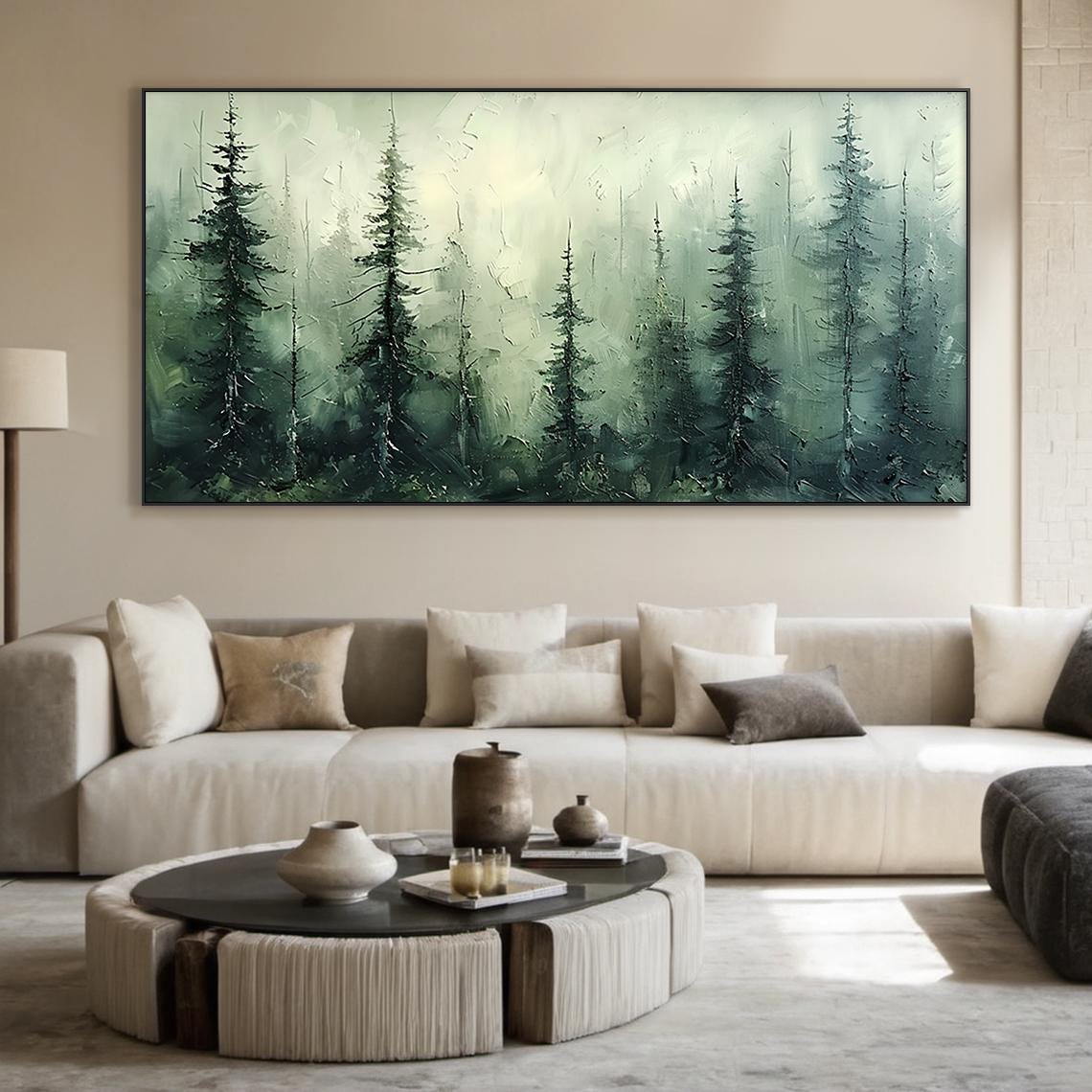 Tall Green Pine Trees Misty Forest Oil Style Nature Living Room Poster - Image 5