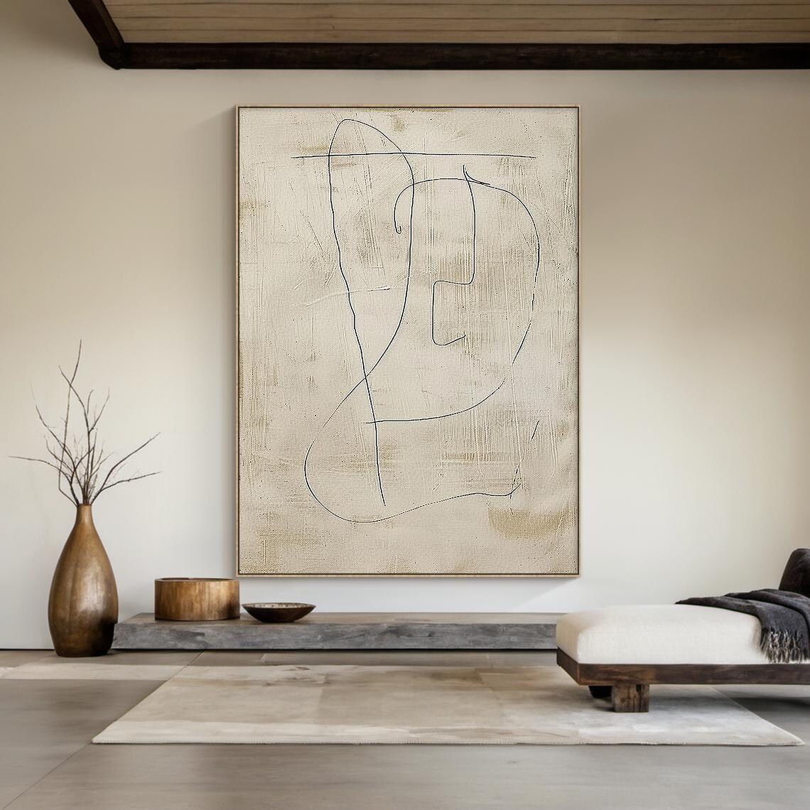 Beige Minimalist Abstract Line Art Textured Canvas Contemporary Poster - Image 4