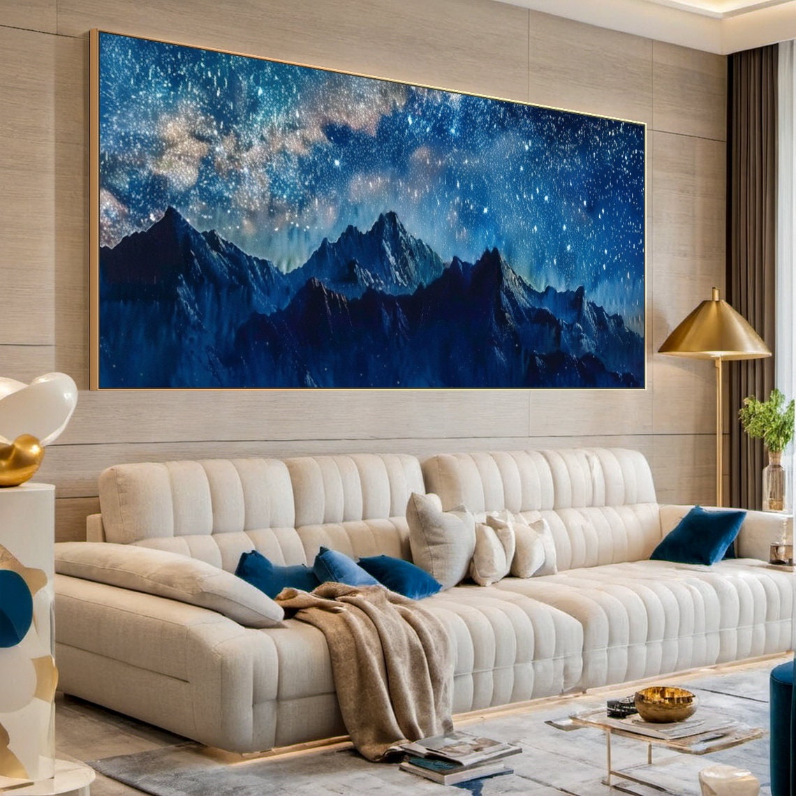 Mountain Starry Sky Painting Large Blue Night Scene Oil Painting Blue Wall Decoration Art Modern Natural Living Room Decoration - Image 6