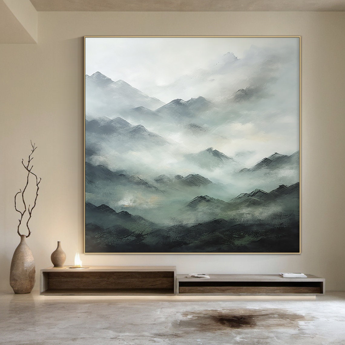 Large Green Abstract Mountains Oil Painting On 3d Textured Mountains Landscape Painting Modern Nature Living Room Wall Art - Image 2