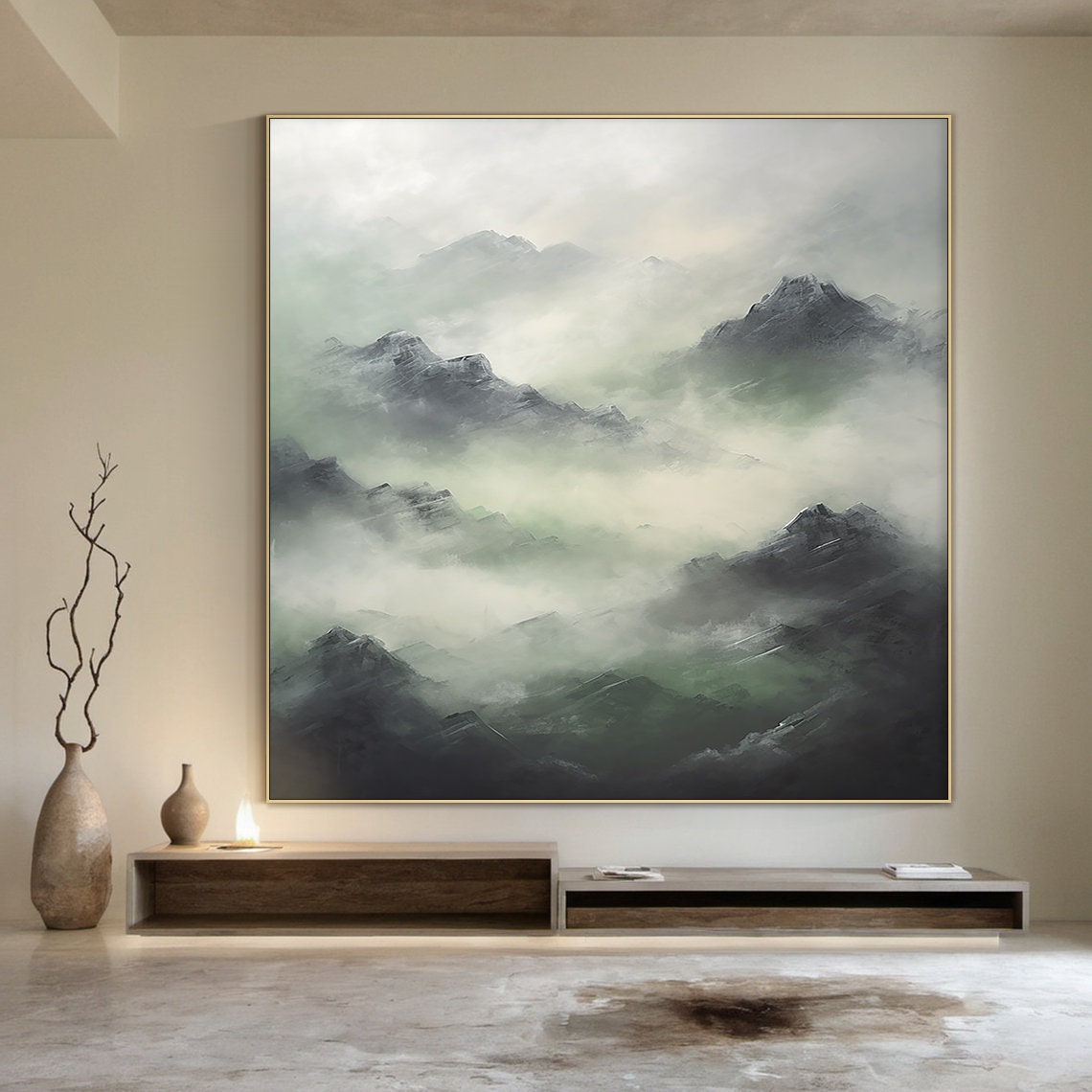 Large Green Mountains Abstract Oil Painting White Misty Mountains Landscape Painting Modern Nature Living Room Bedroom Art - Image 5