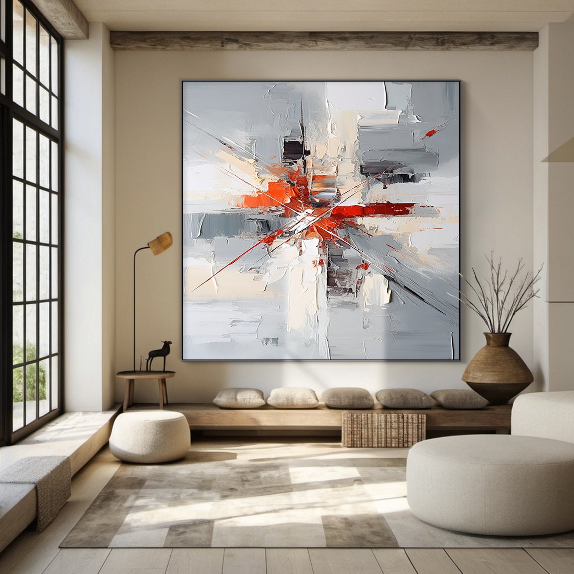 Grey White Red Abstract Burst Oil Painting Square Modern Wall Poster - Image 3