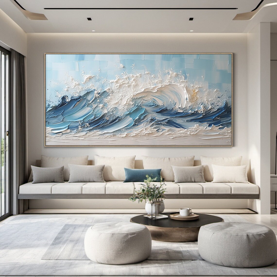Crashing Blue Ocean Waves White Foam Impasto Abstract Art Poster - Image 3