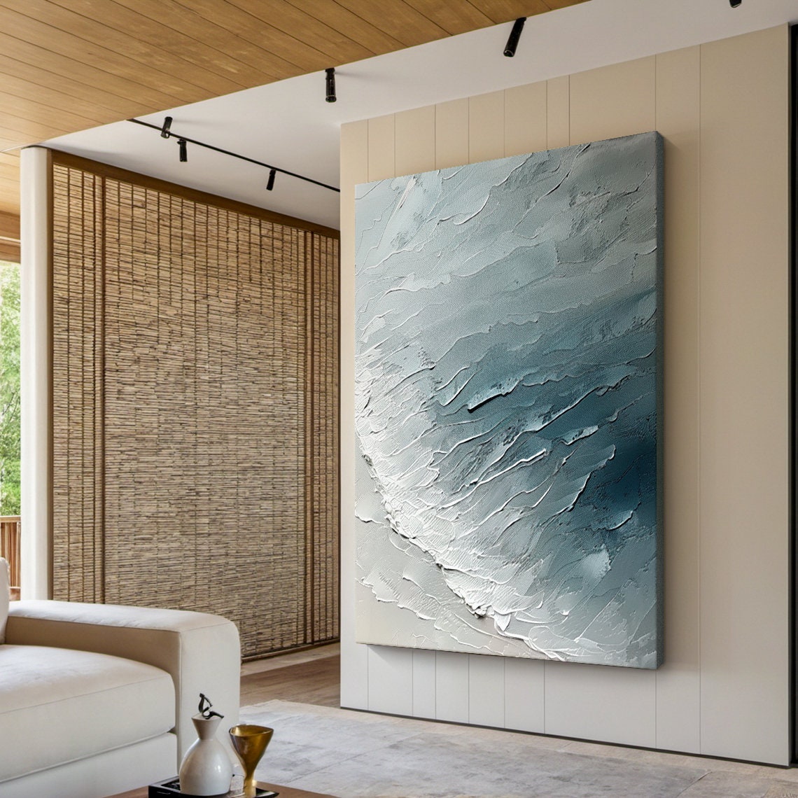 White Blue Wave Abstract Minimalist Textured Sculptural Art Poster - Image 6