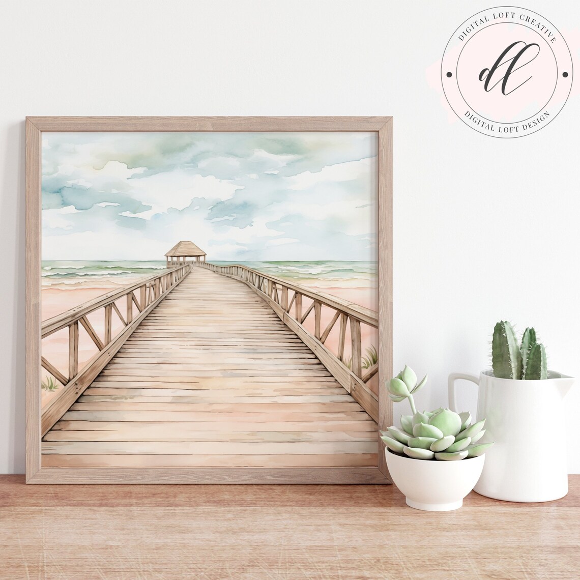 Long Wooden Ocean Pier Boardwalk Watercolor Coastal Path Poster