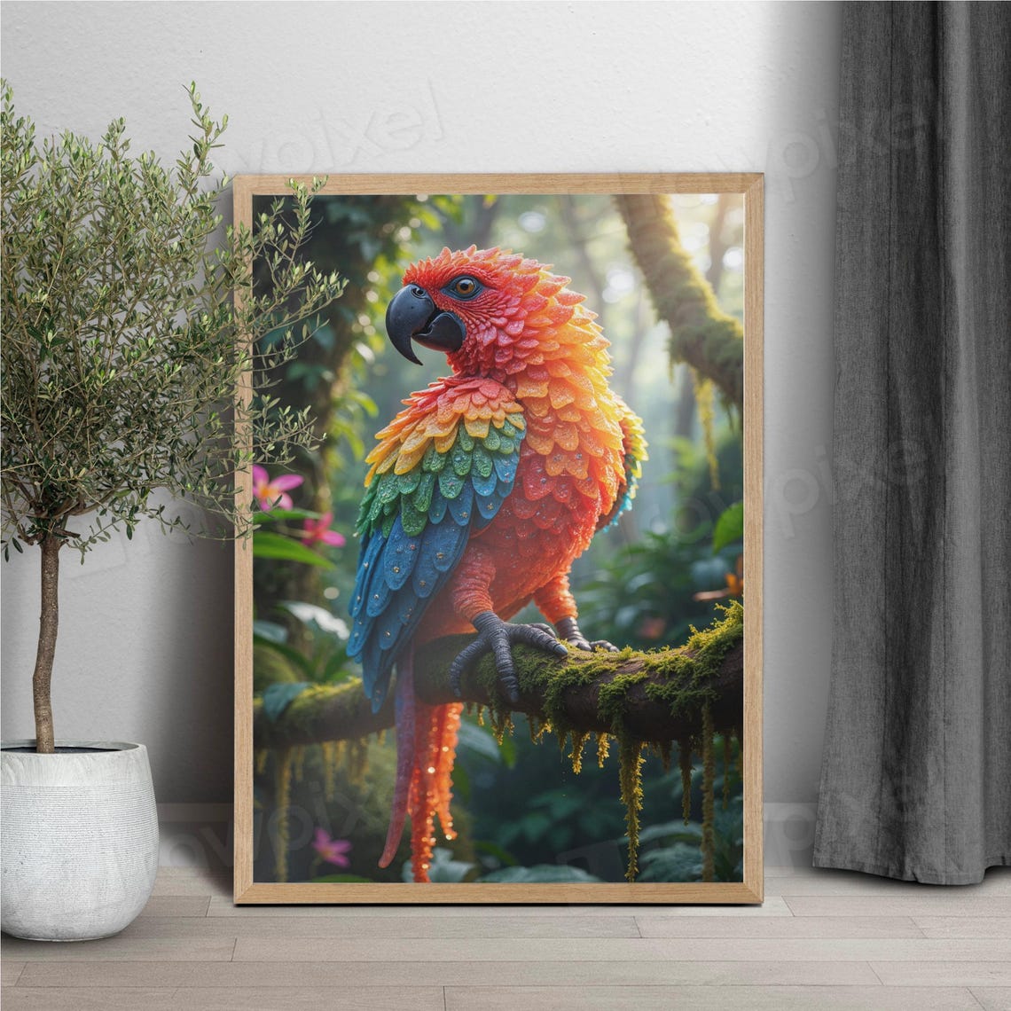 Vibrant Rainbow Parrot Perched on a Mossy Jungle Branch Poster