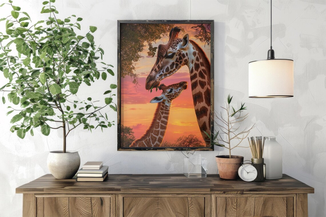 Tender Giraffe Mother and Baby Sunset Savanna Wildlife Art Poster