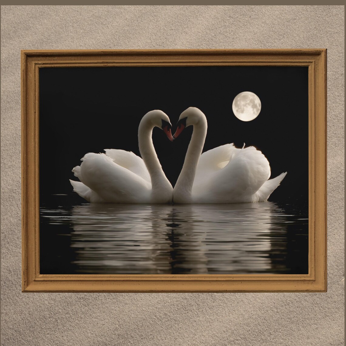Swans Forming Heart Shape Moonlight Romantic Love Art Poster