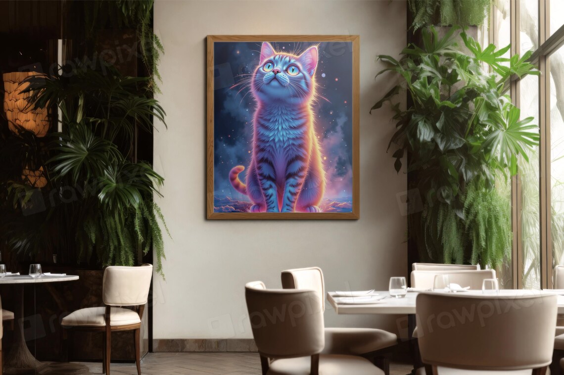 Glowing Neon Blue Kitten Gazing at a Starry Night Sky Poster - Image 5