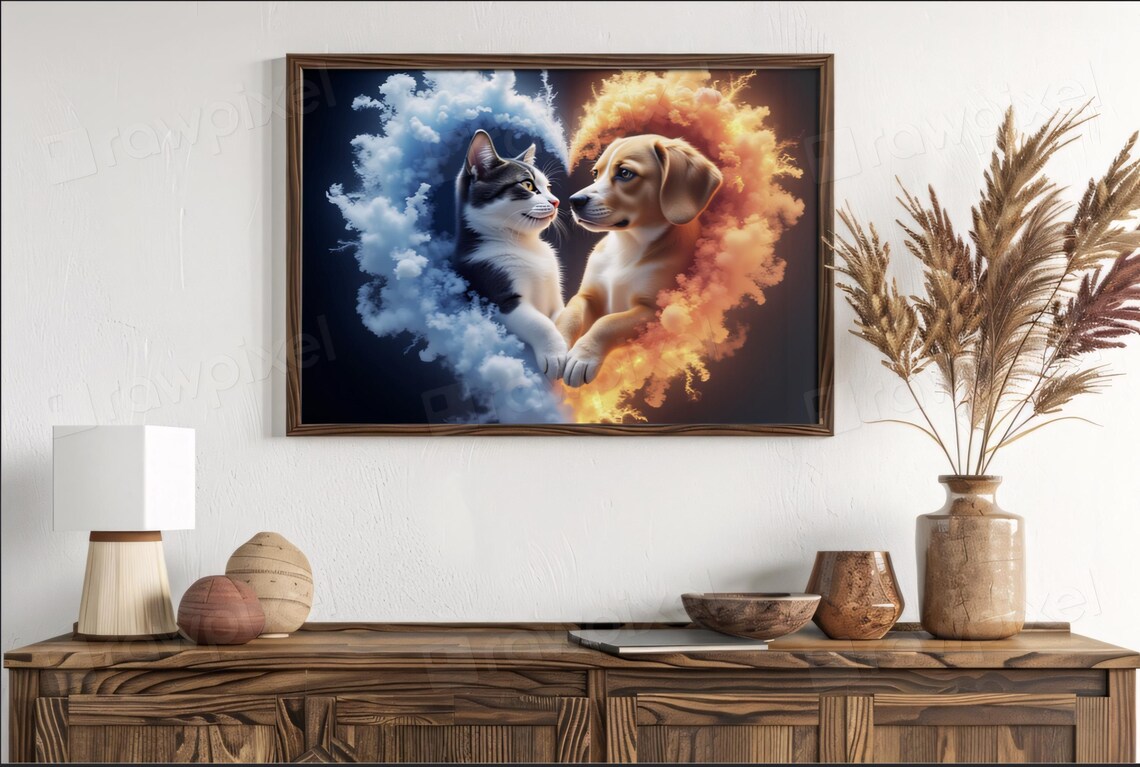 Kitten and Puppy Nose to Nose in Heart of Colorful Smoke Poster - Image 6