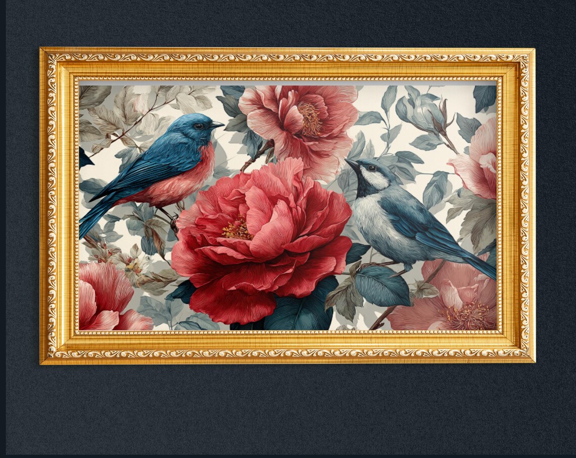 Blue Birds Red Peonies Vintage Floral Painting Classic Art Poster