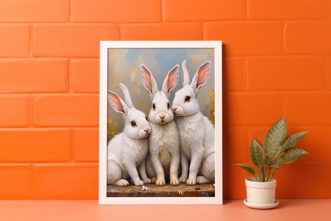 Three White Rabbits Vintage Oil Painting Style Portrait Poster - Image 7