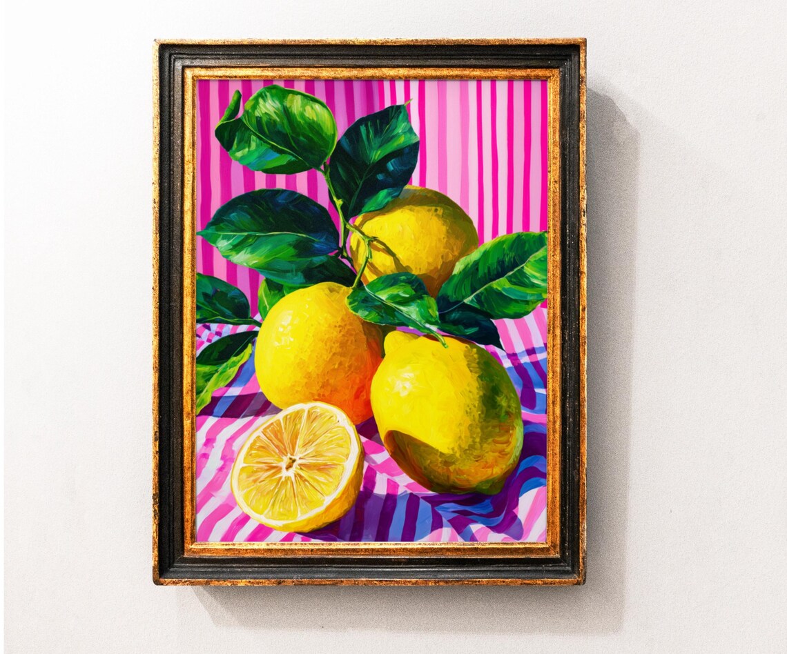 Vibrant Lemons Still Life Pink Striped Background Painting Poster