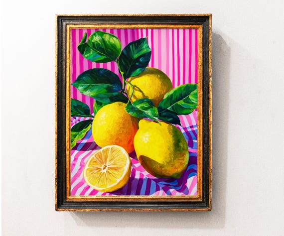 Lemons Stripes Wall Art Print Lemon Fruit Poster Farmhouse Kitchen Painting Trendy Food Vintage Deco