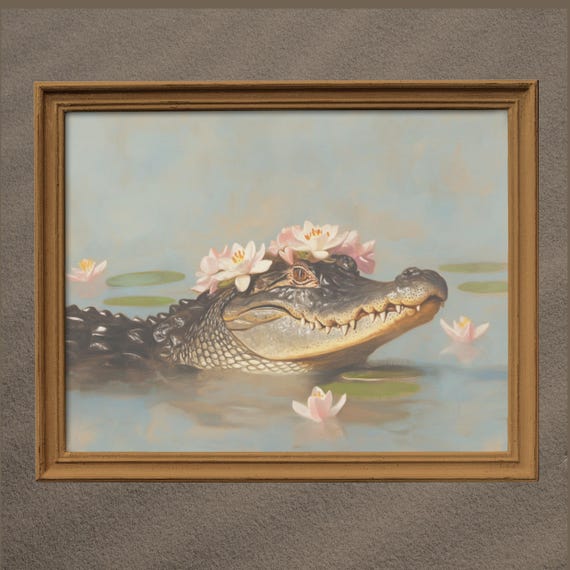 Cute Crocodile In Swamp Wall Art Alligator Poster Retro Gator Home Decor Animal Lover Gift Girly Artwork