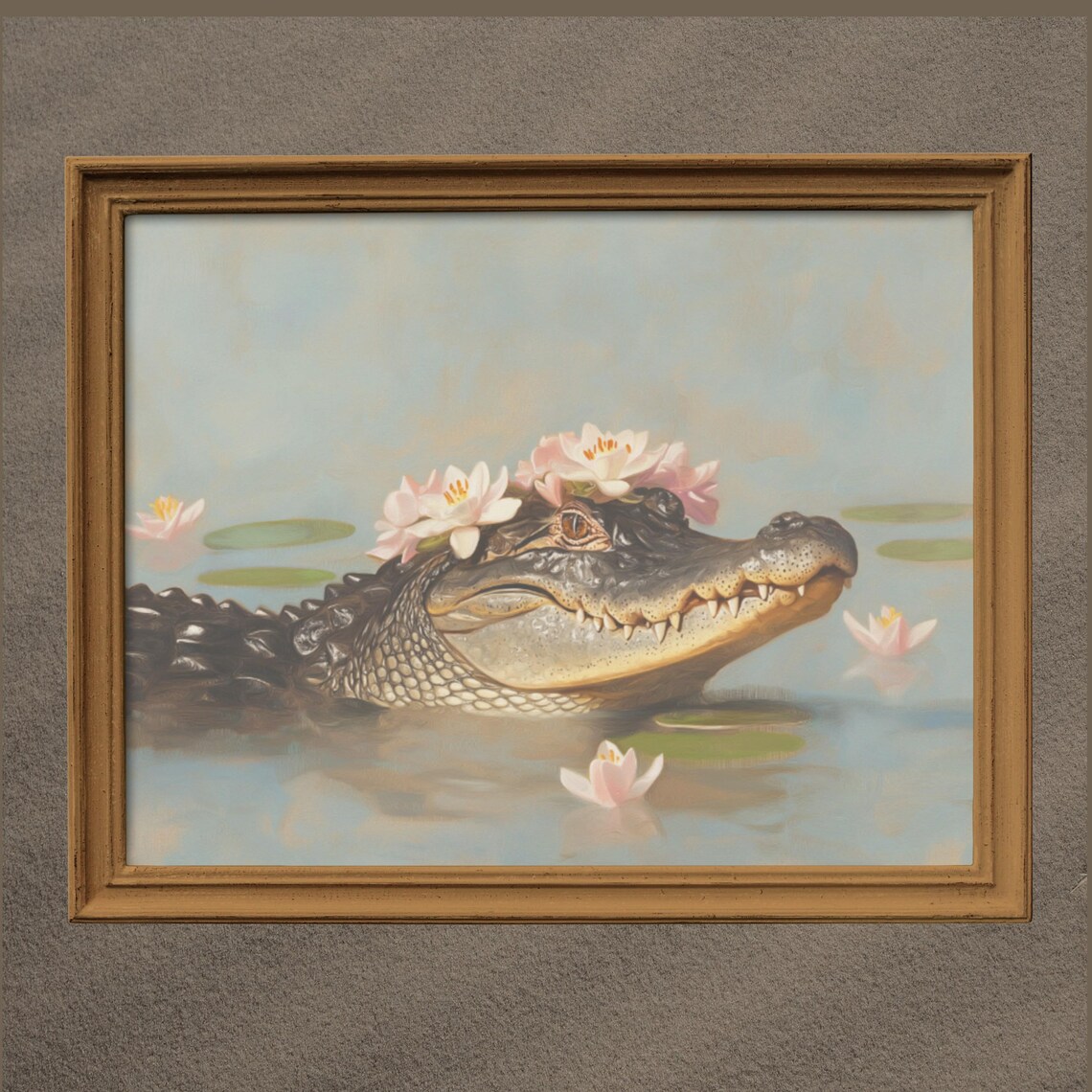Cute Alligator Water Lilies Swamp Whimsical Animal Art Poster