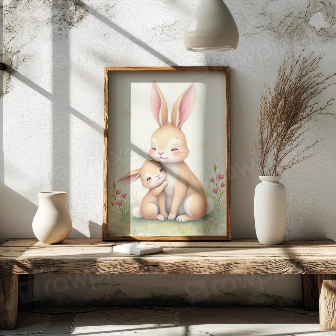 Sweet Mother and Baby Bunny Hugging in a Spring Meadow Poster - Image 5
