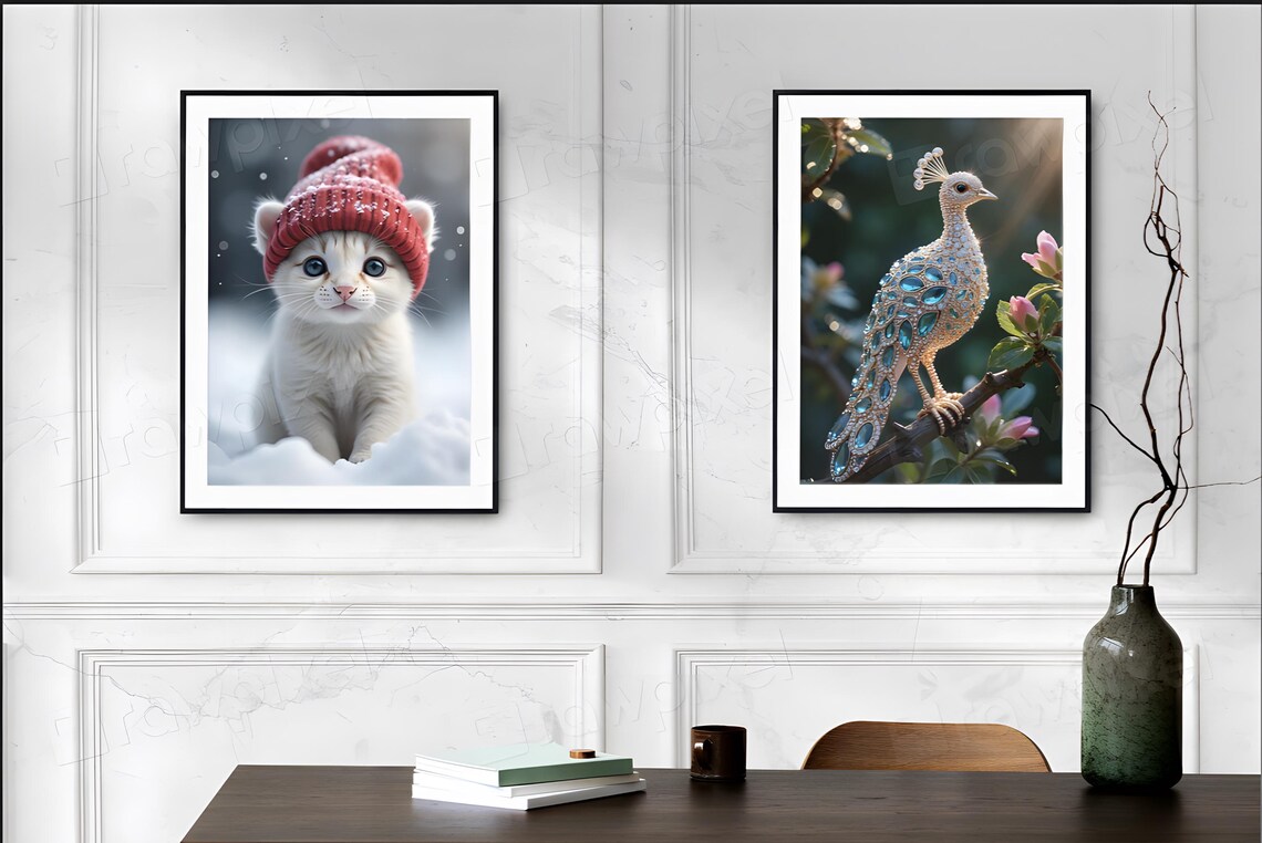 Cute White Kitten in Red Knit Beanie Under Winter Snow Poster - Image 2