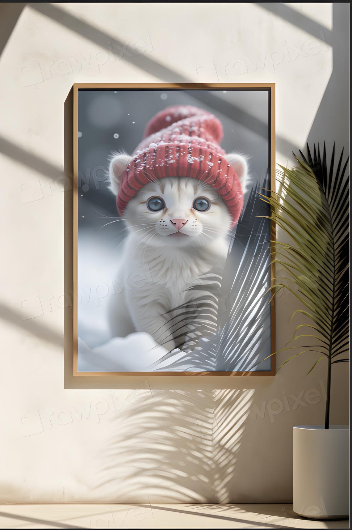 Cute White Kitten in Red Knit Beanie Under Winter Snow Poster