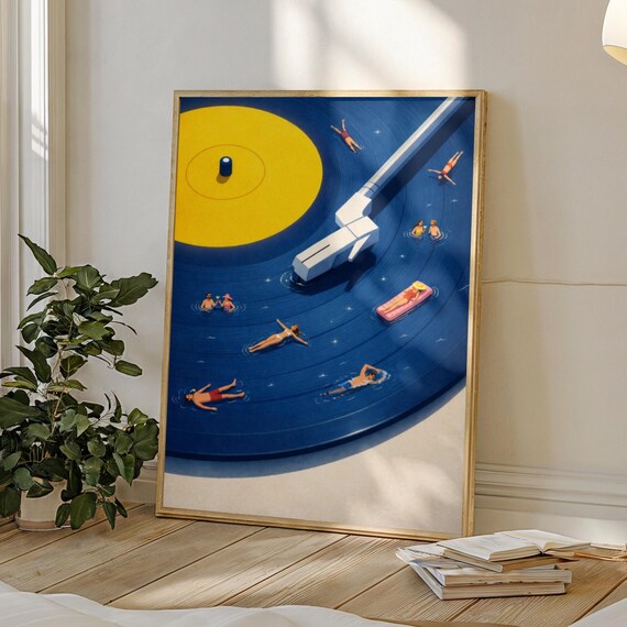 Swimmers Diving on a Blue Vinyl Record Summer Pool Party Poster