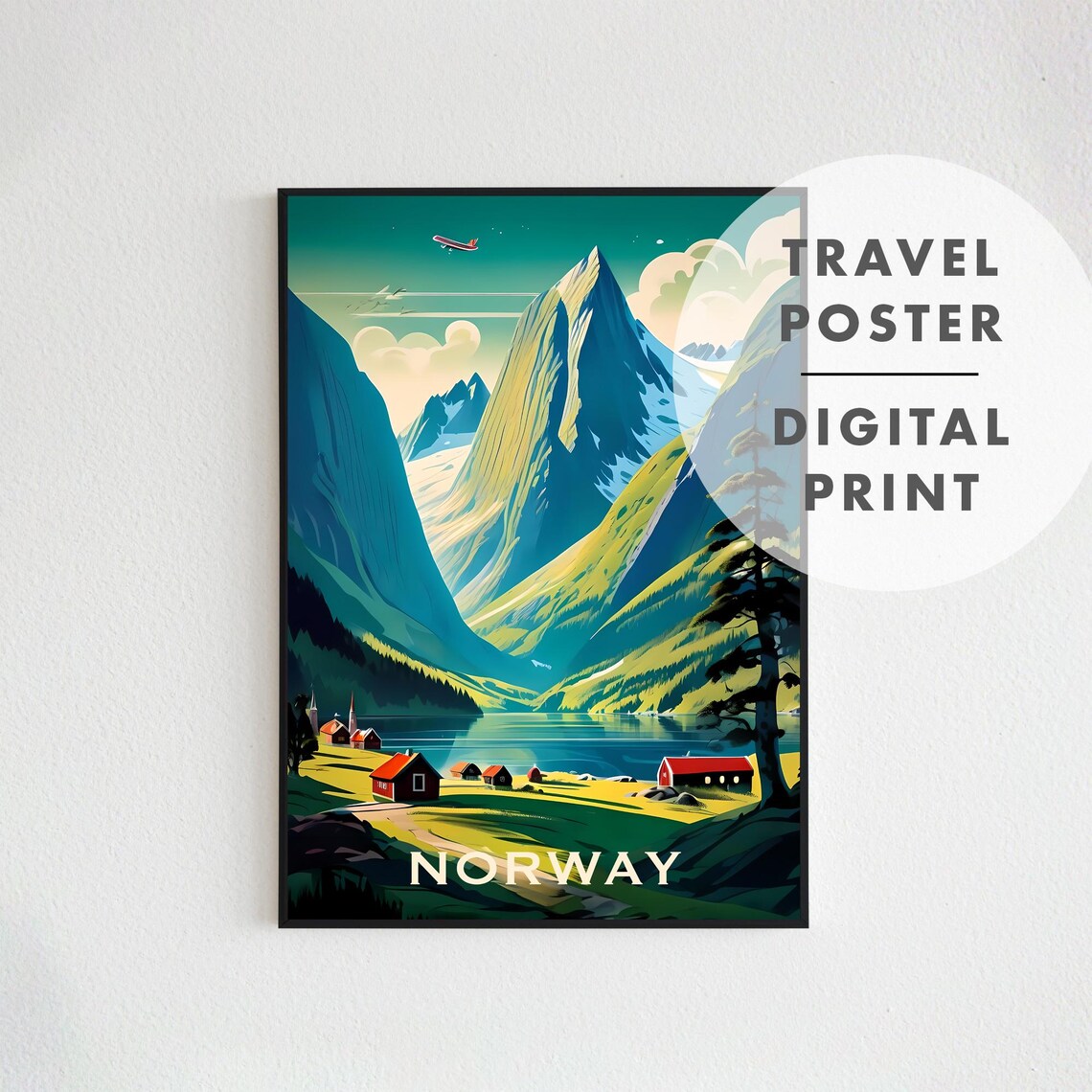 Norway Fjord Red Cabins Mountain Retro Scandinavia Travel Poster - Image 2
