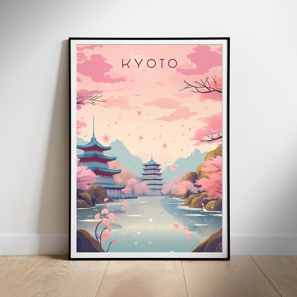 Kyoto Cherry Blossom Pagoda Lake Spring Season Travel Poster