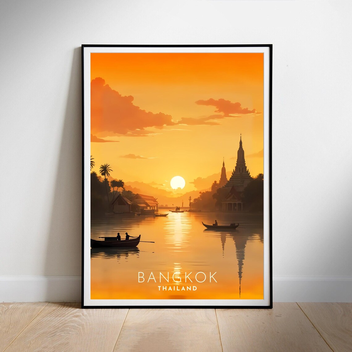 Bangkok Thailand River Sunset Temple Golden Riverside Travel Poster
