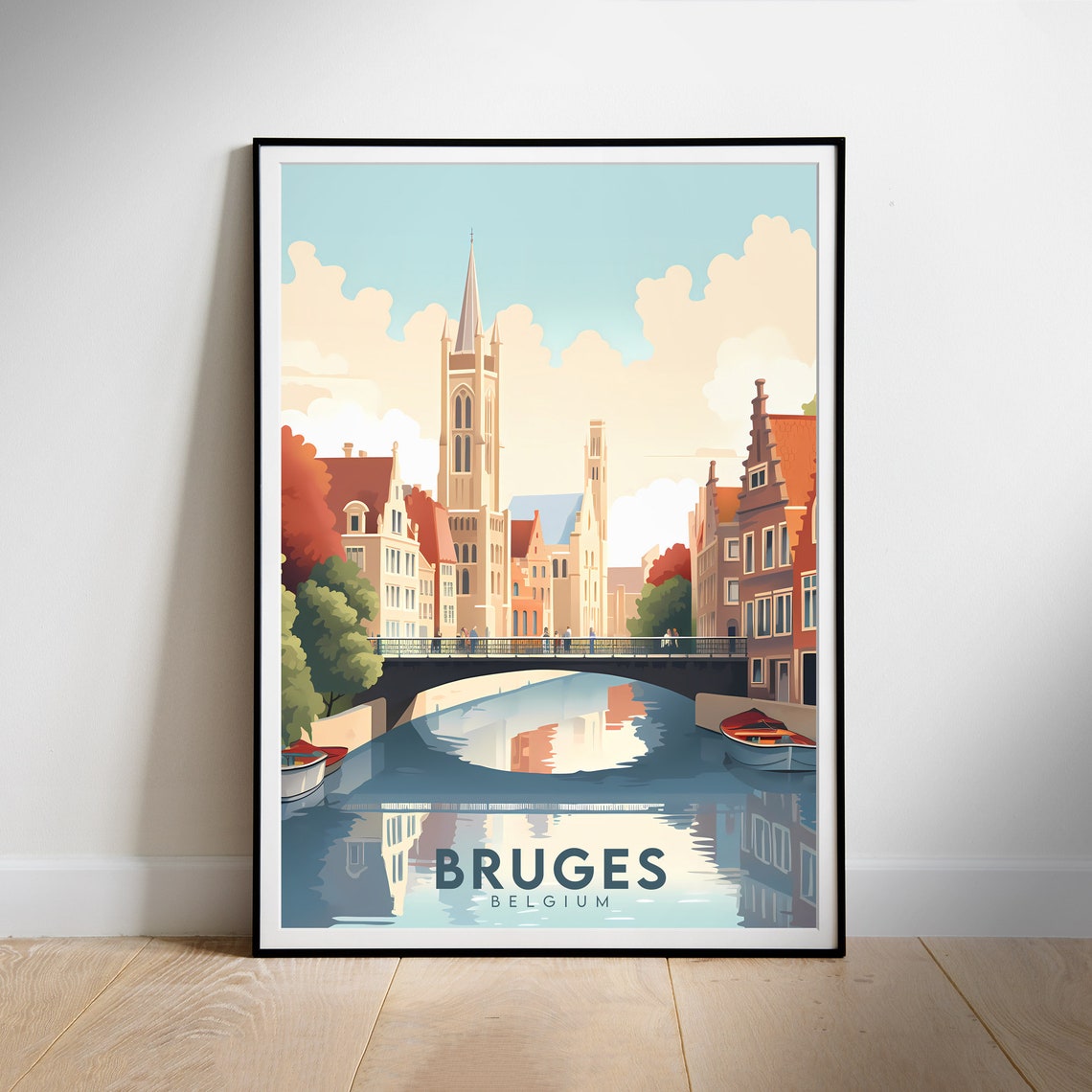 Bruges Belgium Canal Bridge Reflection Historic Retro Travel Poster