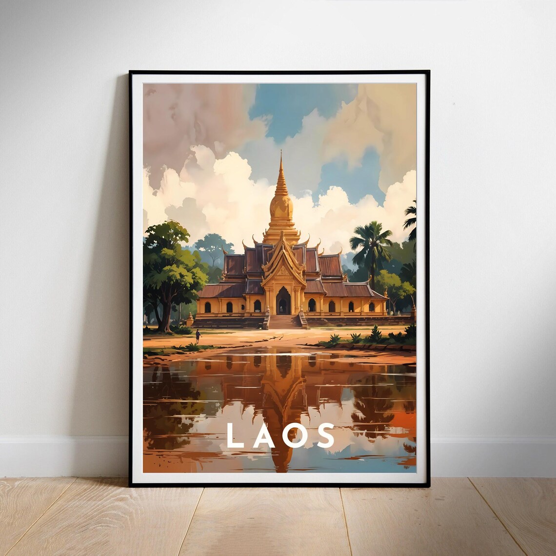 Sacred Laos Golden Temple Lake Reflection Retro Travel Poster