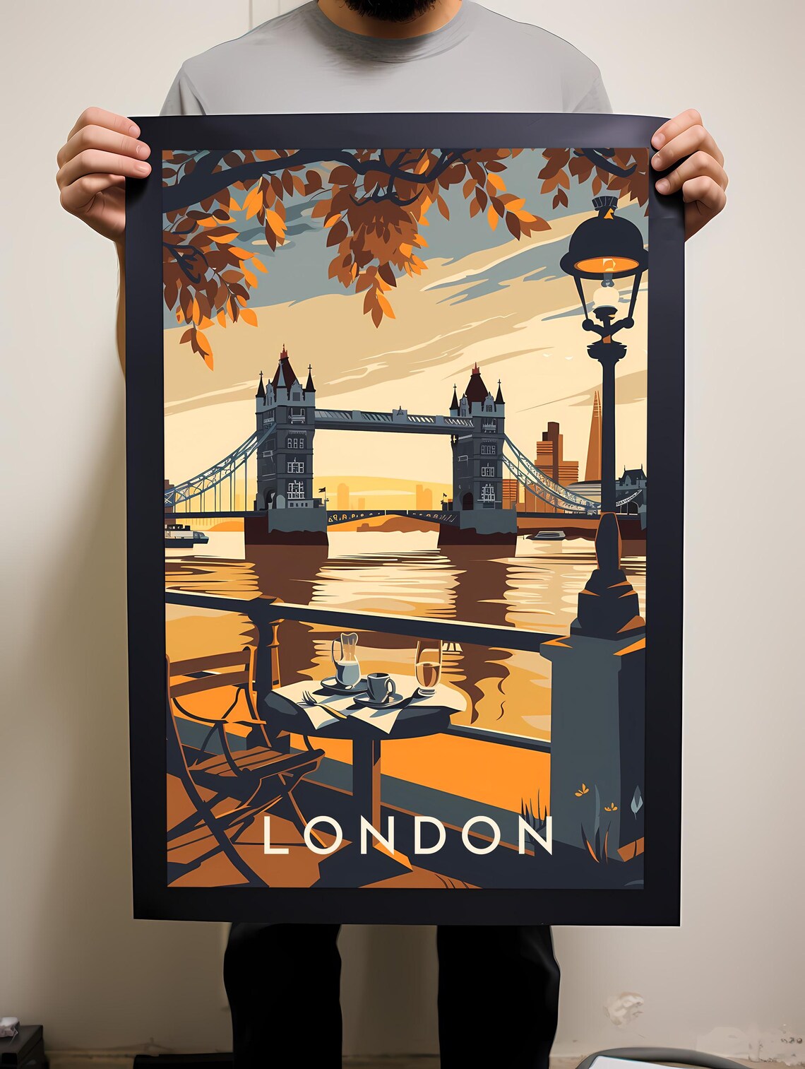 London Tower Bridge Riverside Cafe Retro Travel Poster England