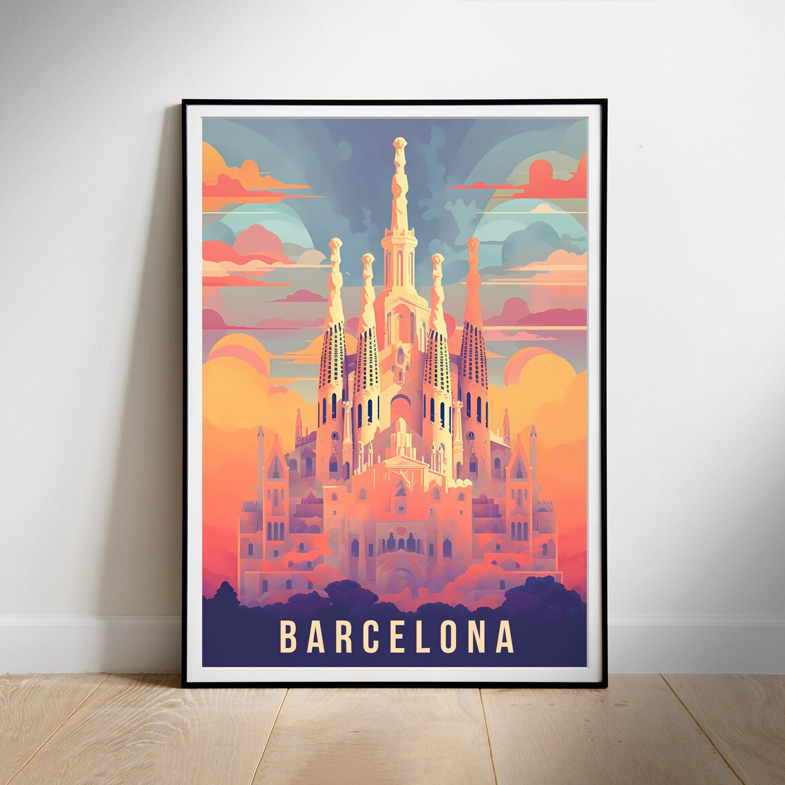 Barcelona Spain Sagrada Familia Sunset Retro Travel Destination Poster