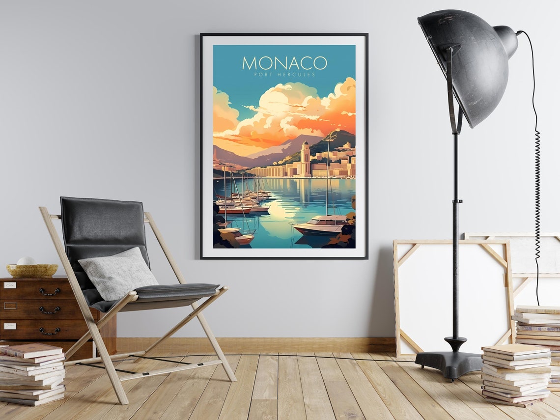 Monaco Port Hercules Harbor Sunset Sailboats Retro Travel Poster - Image 2