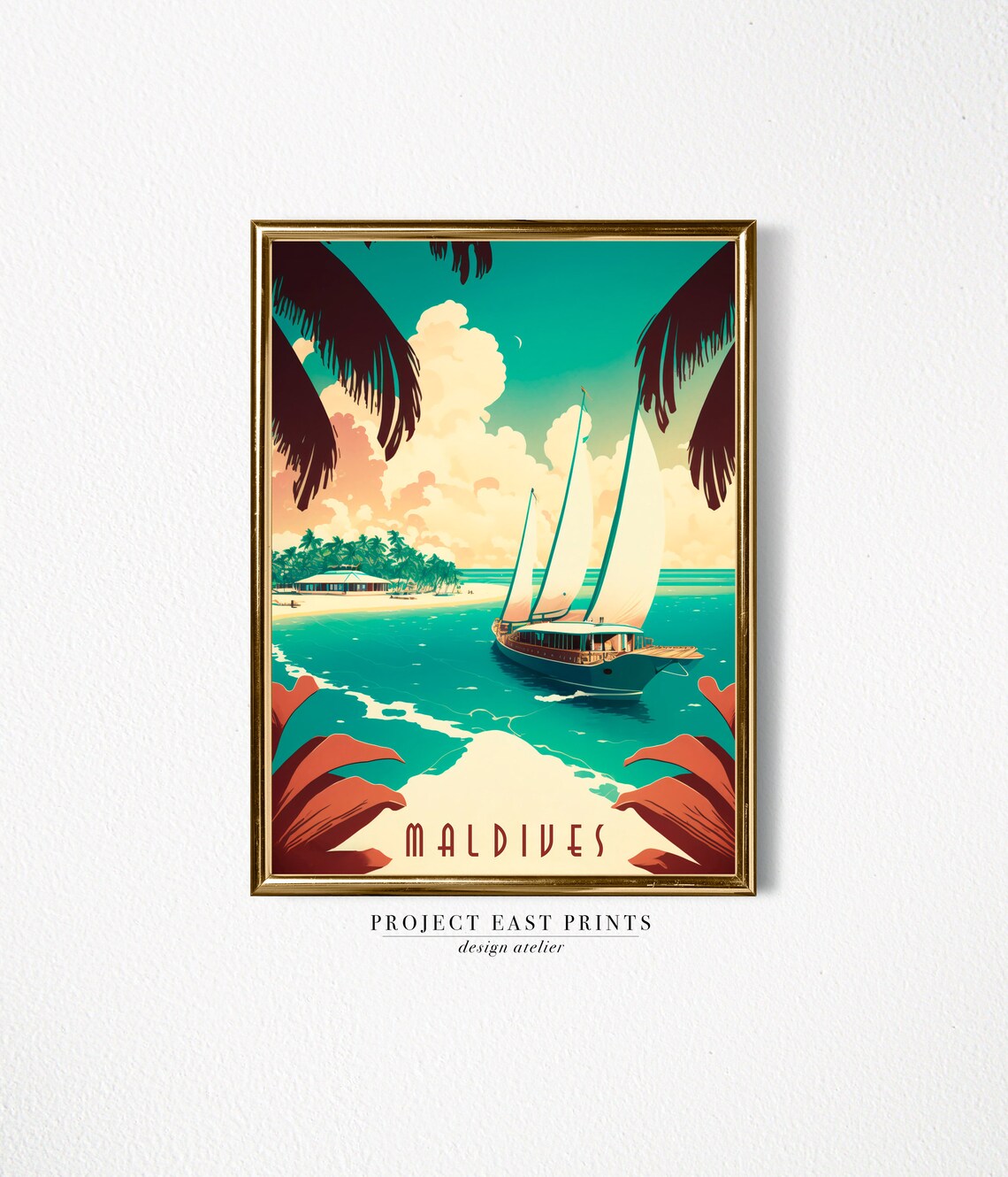 Maldives Sailboat Turquoise Beach Island Art Deco Travel Poster - Image 2