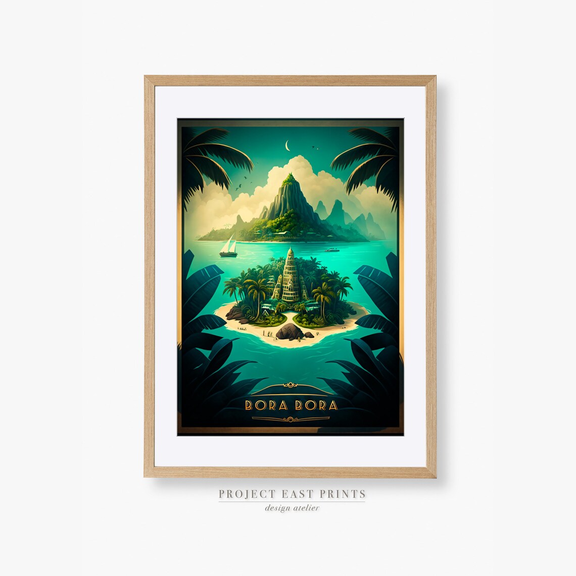 Bora Bora Tropical Island Lagoon Moonlight Art Deco Travel Poster - Image 2