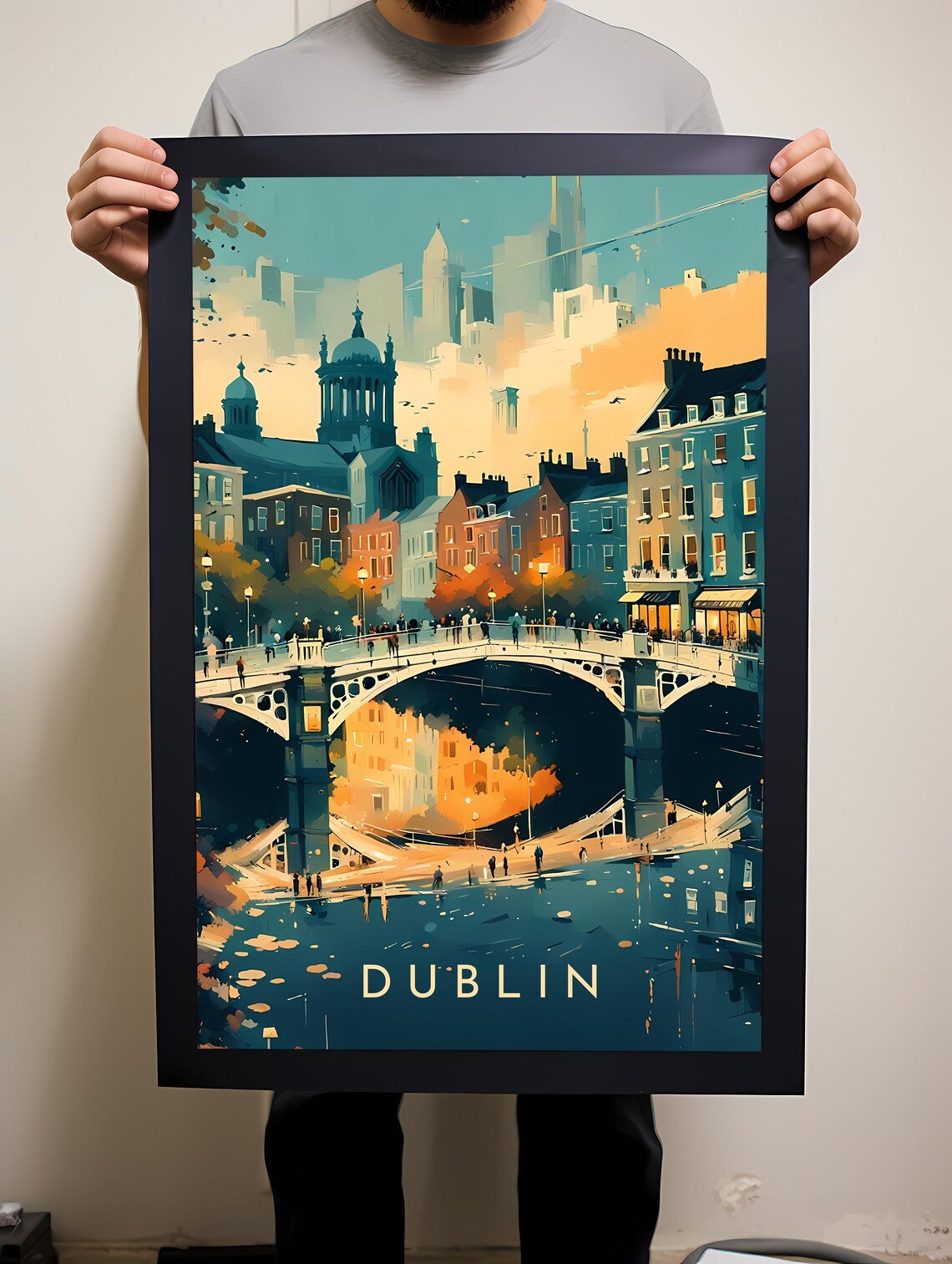 Dublin Ha'penny Bridge River Liffey Retro Ireland Travel Poster