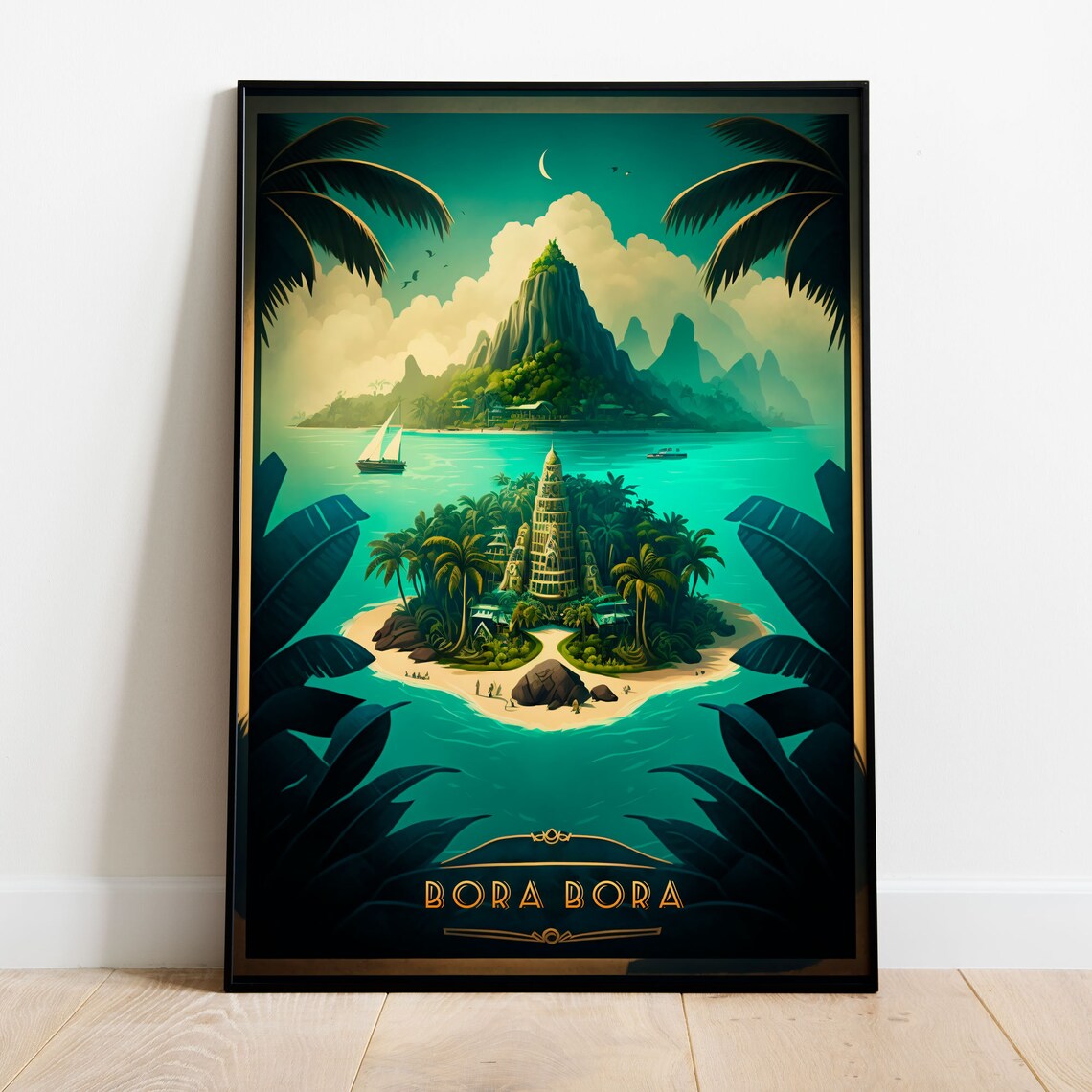 Bora Bora Tropical Island Lagoon Moonlight Art Deco Travel Poster