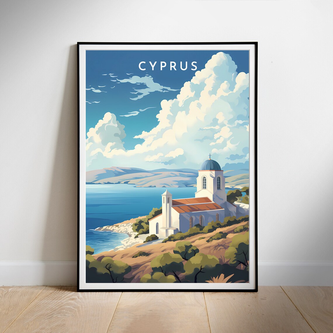 Cyprus Coastal White Church Blue Bay Scenic Retro Travel Poster