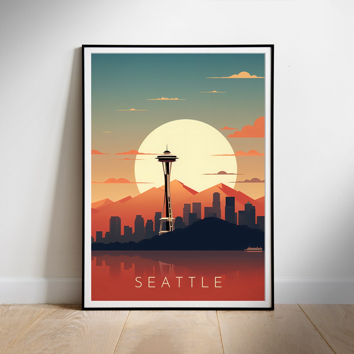 Vibrant Seattle Sunset Skyline Space Needle Retro Travel Poster - Image 2
