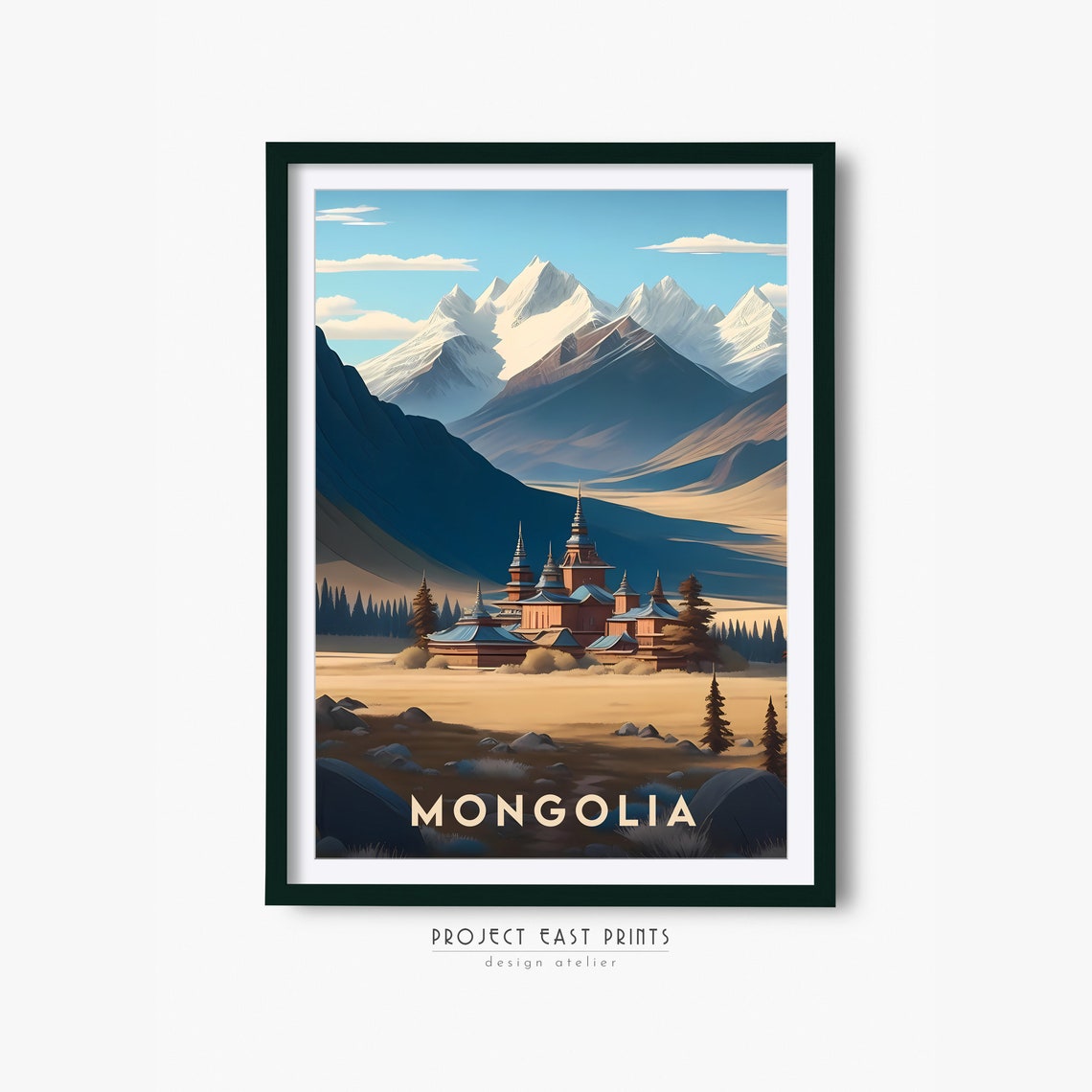 Mongolia Temple Snowy Mountains Retro Travel Landscape Poster