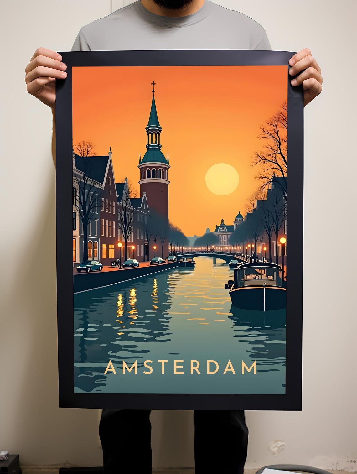 Retro Amsterdam Canal Sunset Scene Netherlands Travel Poster