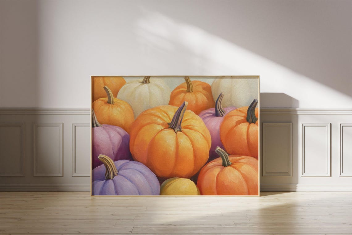 Colorful Pumpkins in Orange Purple and White Still Life Poster - Image 4