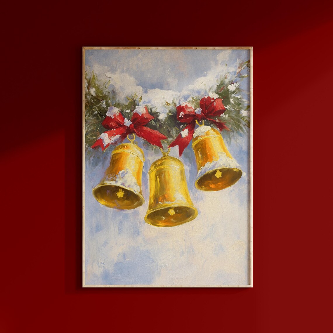 Golden Christmas Bells with Red Bows in Snowy Branches Painting Poster