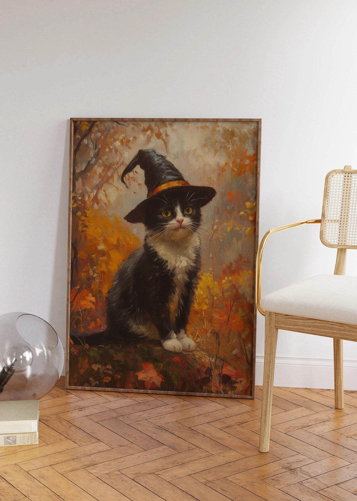 Tuxedo Cat in a Witch Hat Among Autumn Leaves Painting Poster - Image 3