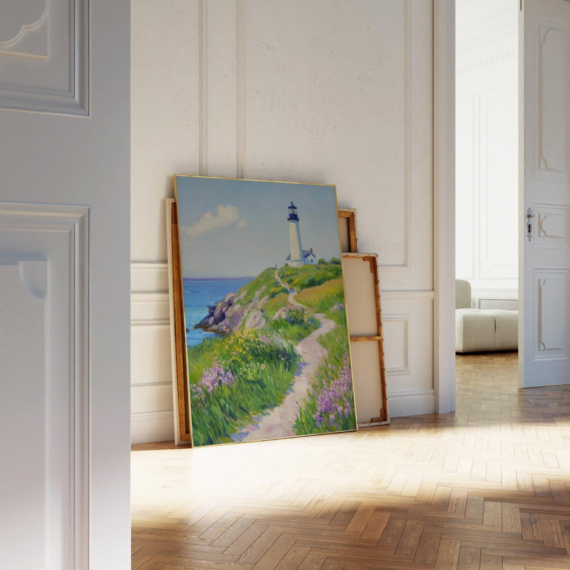 White Lighthouse Coastal Cliff Wildflower Path Blue Sea Travel Poster - Image 3