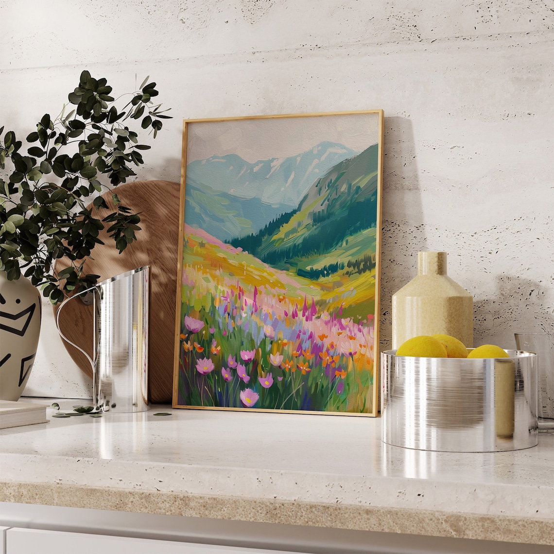 Colorful Wildflower Meadow Mountain Landscape Oil Painting Poster - Image 2