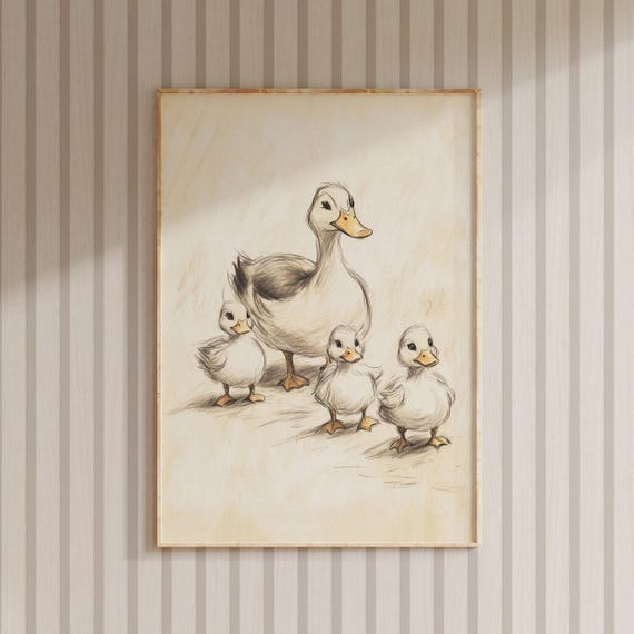 Nursery Mother Duck Print Kids Room Wall Decor Nursery Animal Sketch Drawing Children Room Art Nursery Cottagecore Artwork