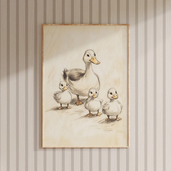 Nursery Mother Duck With Ducklings Beige Sketch Kids Room Animal Poster