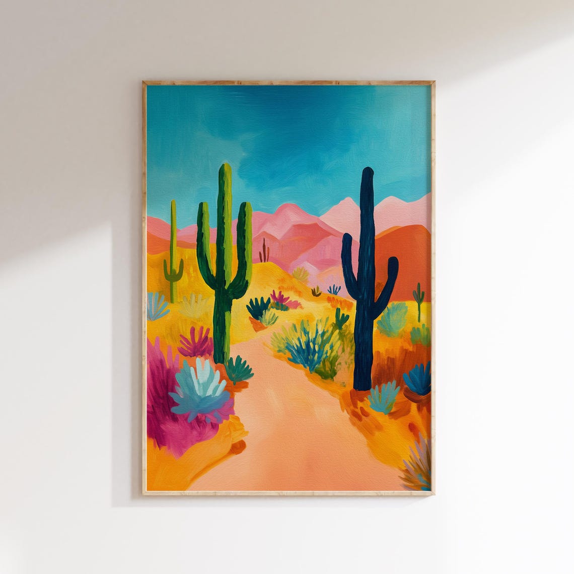Bold Abstract Desert with Saguaro Cacti and Pink Mountains Poster