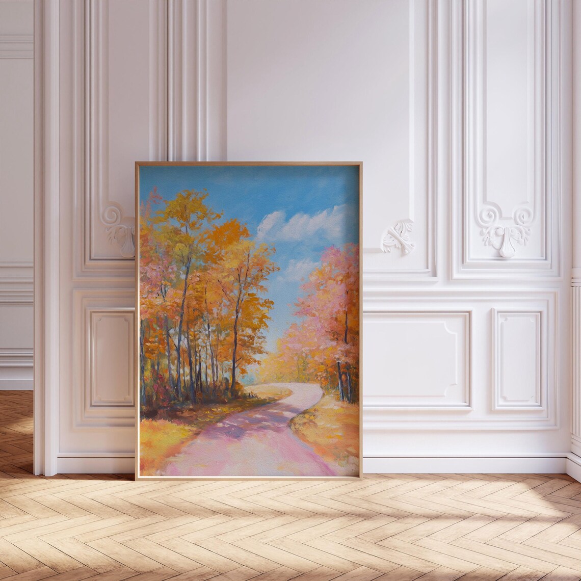 Winding Country Road Through Golden Autumn Forest Painting Poster - Image 3
